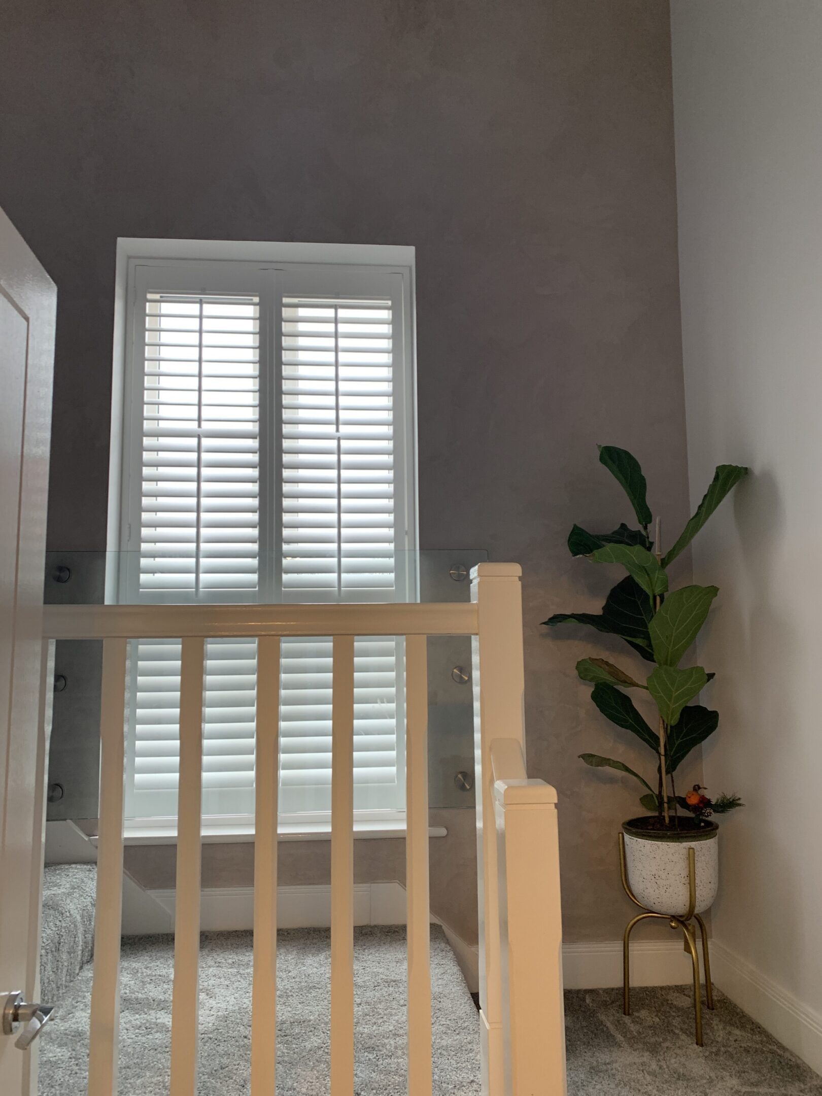 White stair railing, shuttered window, potted plant