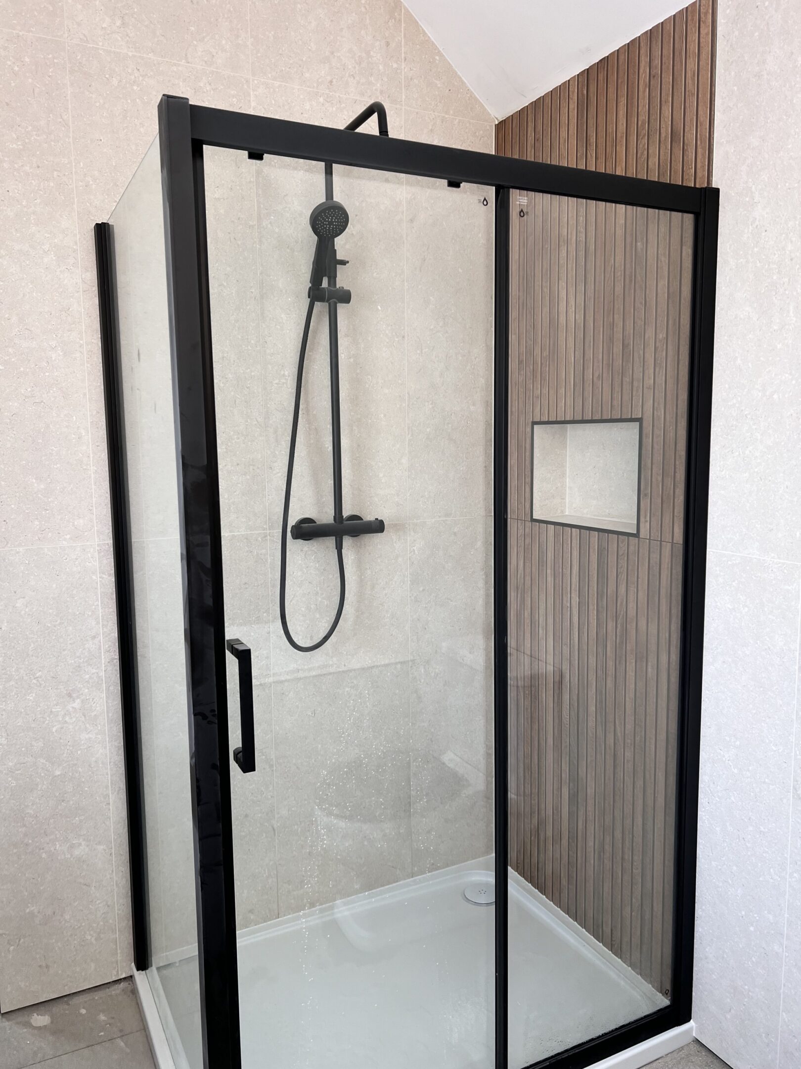 Modern black-framed glass shower enclosure